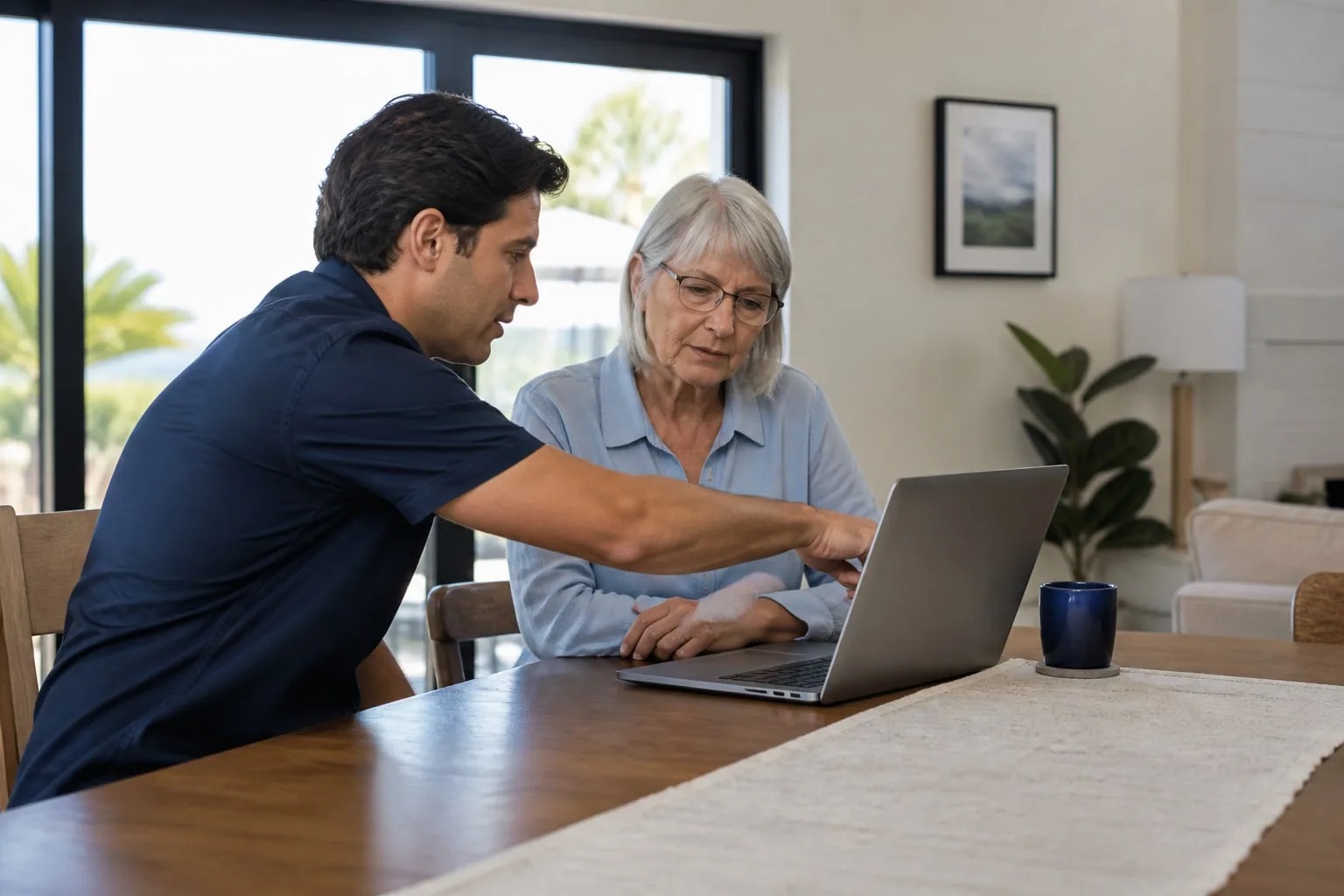 A customer getting help with a laptop at home